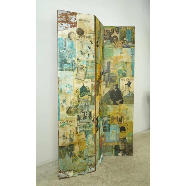 Vintage free standing three panel wood folding screen with the front covered in a collage of The New Yorker Magazine...