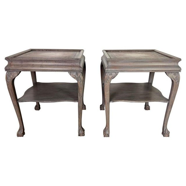 Pair of English Style Painted End Tables with Tooled Leather Tops and Chippendale legs. A charming pair of mid-20th...