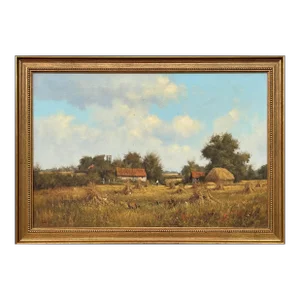 James Wright, Farm Scene with Haystacks in the English Countryside by Realist Landscape Artist, 1990 Circa
