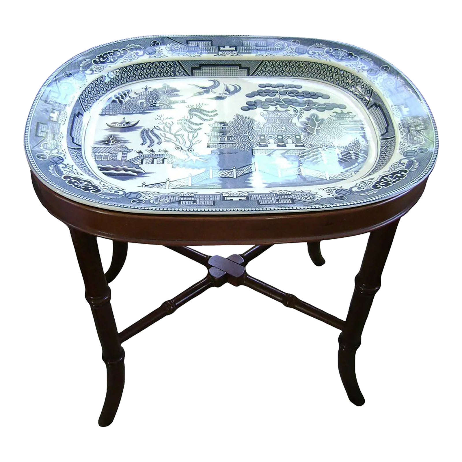 Vintage Blue Willow Platter & Faux Bamboo Mahogany Base Side Table ...