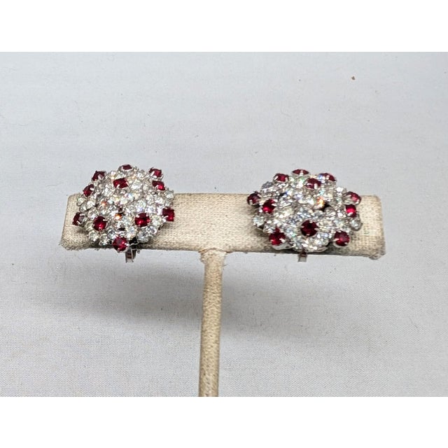 Vintage 1960s Signed Vendome Rhodium Plated Clear & Faux-Garnet Clip Earrings-2 Pieces For Sale In Philadelphia - Image 6 of 9