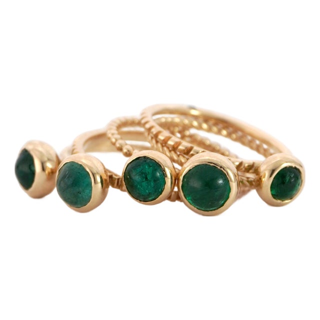 Five 14k Yellow Gold Rings With Cabochon-Cut Emeralds Size 6.5 For Sale