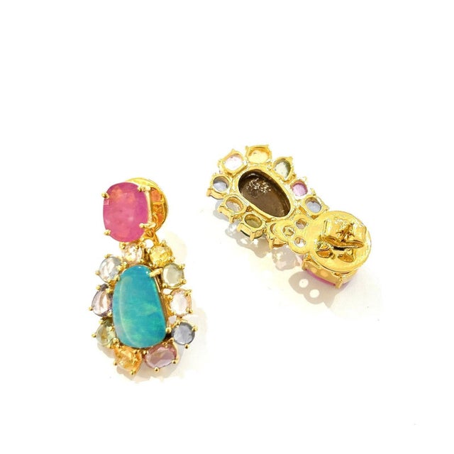 Bochic “Orient” Red Ruby, Blue Opal & Multi Color Rose Cut Fancy Sapphires Earrings Set In 18K Gold & Silver Natural...
