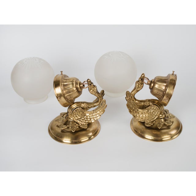 1950s Spanish Empire Chased Brass Swan Wall Sconces With Starburst Frosted Globes - A Pair For Sale - Image 10 of 13