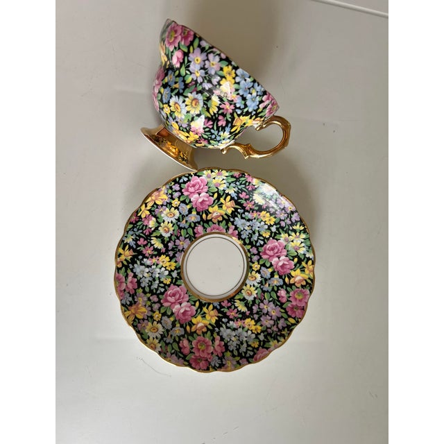 1940s Rosina Black & Gold Chintz Tea Cup and Saucer For Sale In West Palm - Image 6 of 8