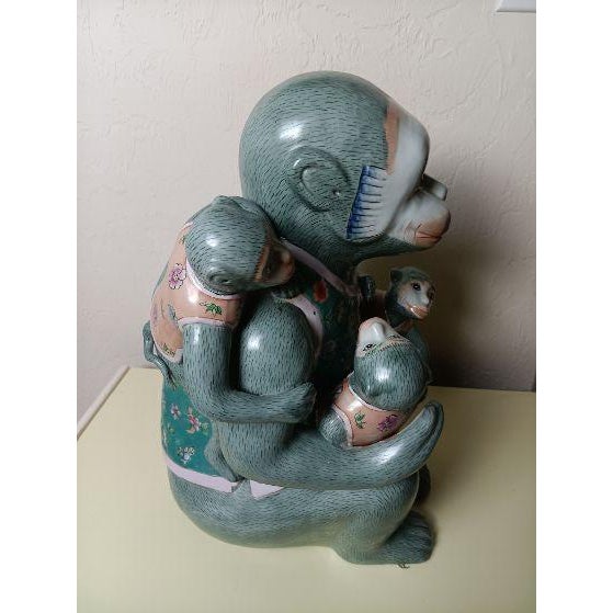 Chinese Hand Painted Ceramic Monkey With Babies Sculpture Figuring Decor Style: Chinese Color: Green Dimensions: 18" H x...