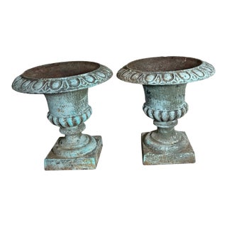 Vintage Pair French Country Cast Iron Verdigris Green Garden Urns Planters For Sale