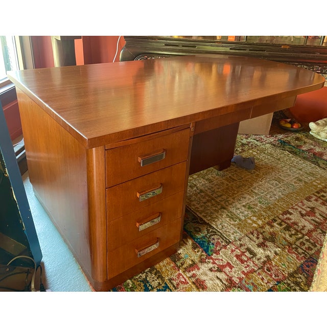 Art Deco French Geometric Art Deco Rose Wood and Chrome Executive Desk W/ Bookshelves For Sale - Image 3 of 17