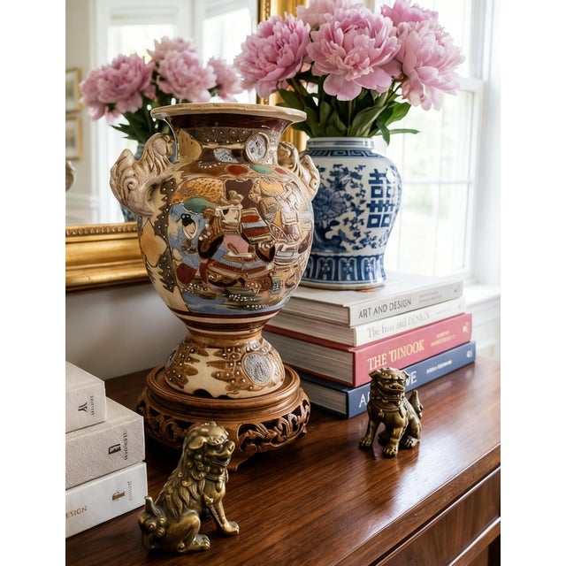 Japanese Antique Japanese Satsuma Moriage Vase With Samurai Scene & Figural Handles – 14” For Sale - Image 3 of 18