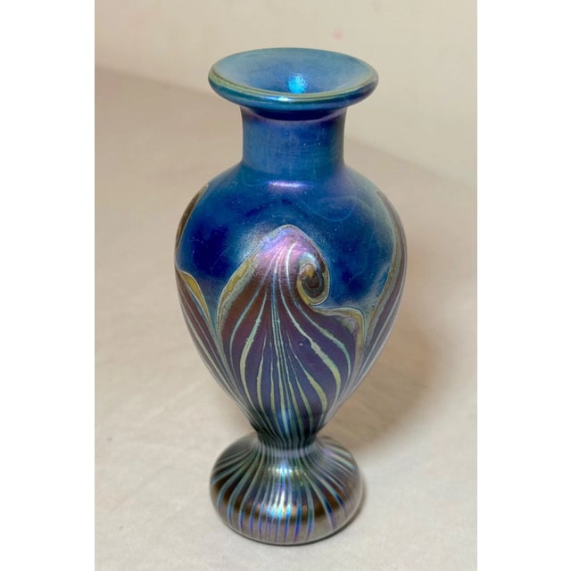 Blue Vintage Miniature Hand Blown Pulled Feather Blue Iridescent Studio Glass Vase For Sale - Image 8 of 10