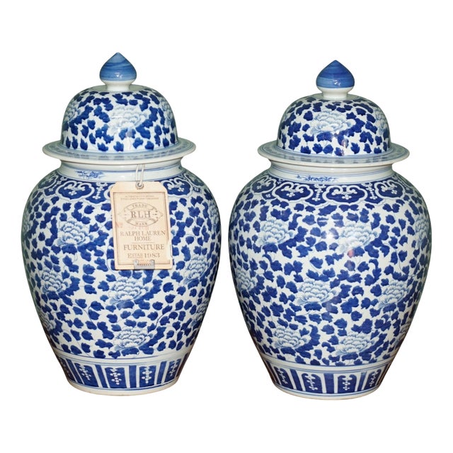 Large Chinese Style Blue and White Temple Jars from Ralph Lauren, Set of 2 For Sale