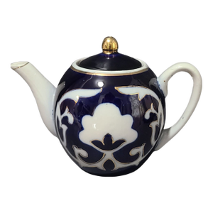 Vintage Pakhta Cobalt Blue & White Gilded Imperial Porcelain Russian Tea Pot