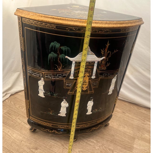 Wood Vintage Chinese Corner Cabinet Chinoiserie Mother of Pearl Applique Asian Style For Sale - Image 7 of 11