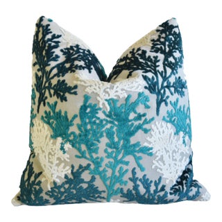 Nautical Coastal Teal, Aqua, White & Blue Coral Cut Velvet Feather/Down Pillow 23" Square For Sale