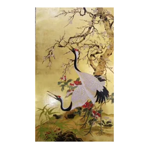 Cranes Chinoiserie Wallpaper Panel Hand Painted Artwork on Gold Metallic Panel