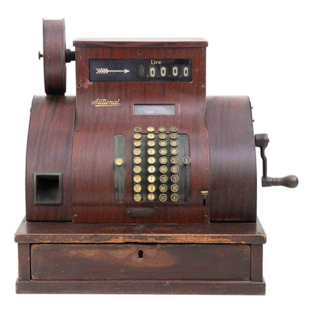 Antique National Cash Register in Mahogany and Brass, Italy, 1930s For Sale