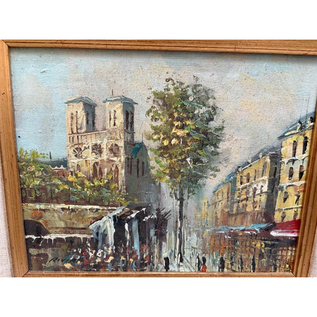 Vintage framed original oil painting of a cheerful bustling city street in a European city or village. Midcentury circa...