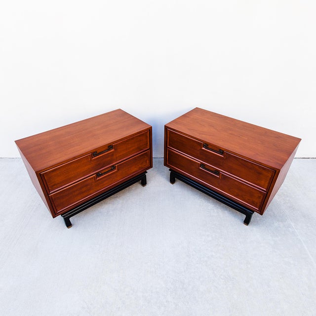 1960s Restored American of Martinsville Walnut & Brass Two Drawer Commodes / Nightstands For Sale - Image 11 of 15