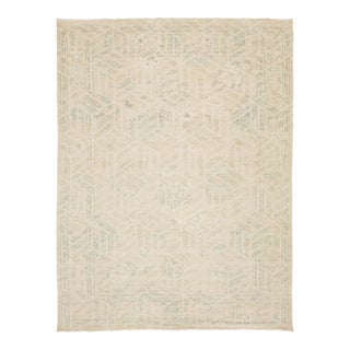 9x12 Modern Oushak Style Hand-Knotted Wool Rug – Neutral Ivory & Sage Geometric For Sale