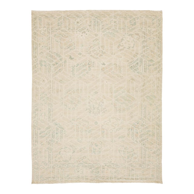 9x12 Modern Oushak Style Hand-Knotted Wool Rug – Neutral Ivory & Sage Geometric For Sale
