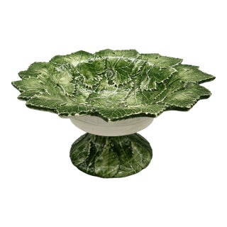 Vintage Italian Bassano Majolica Green Leaf Pedestal Compote Bowl — Made in Italy For Sale