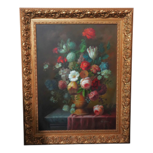 Wilbur Artist Signed Large Oil Painting on Canvas Floral Still Life in Vase