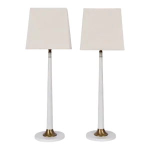 Tall Rembrandt Lamp Co. White Candlestick Lamps with Glass Shades, 1950s - A Pair