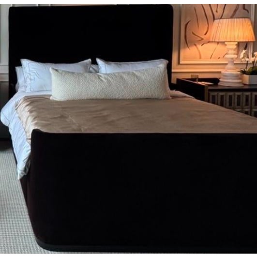 Brown velvet upholstered Eastern king bed frame. Odeon brown cotton velvet fabric from Holland and Sherry. Matress and box...