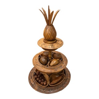 Mid-Century Modern Pineapple Topped Lazy Suzan Epergne Monkey Pod Wood and Decorative Fruit Set- 29 Pieces For Sale
