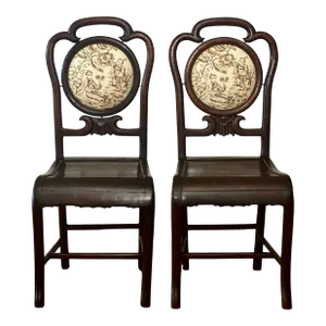 19th Century Chinese Rosewood Chairs With Chinoiserie Toile Medallion - Set of 2