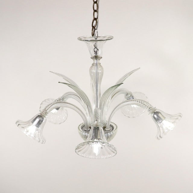 Mid-Century Five-Arm Ribbed and Scalloped Cristallo Murano Chandelier For Sale - Image 4 of 12