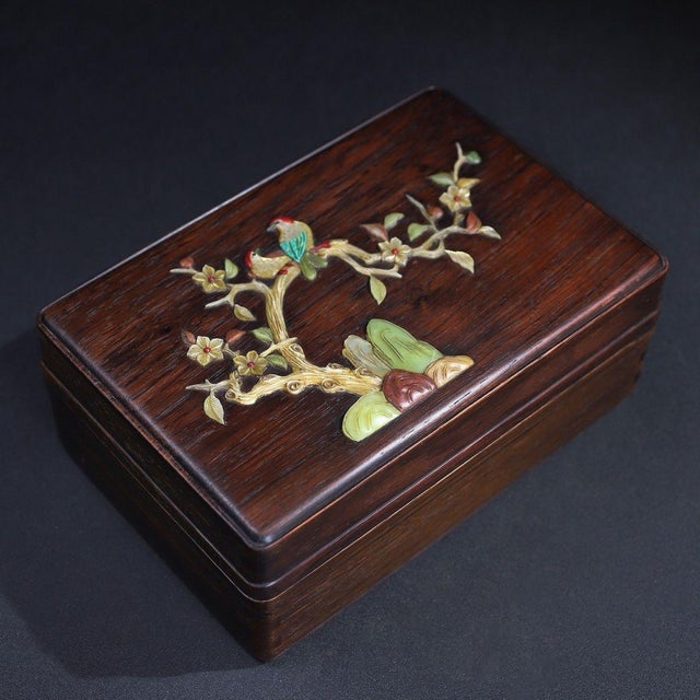 Chinese Huali Rosewood Box Inlaid With Hardstone Bird Motif For Sale - Image 3 of 11