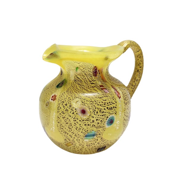 Vintage Yellow Opaline Handblown Glass Jug with Murrines and Silver Flakes, 1980s For Sale - Image 11 of 11