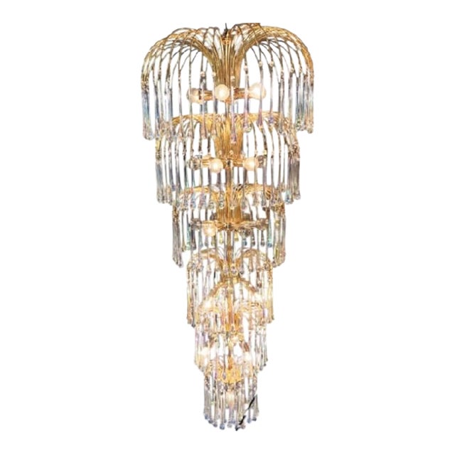 1980s Monumental 5ft Tall Vintage 6 Tiered Waterfall Crystal 25 Light Mid Century Hollywood Regency Chandelier For Sale