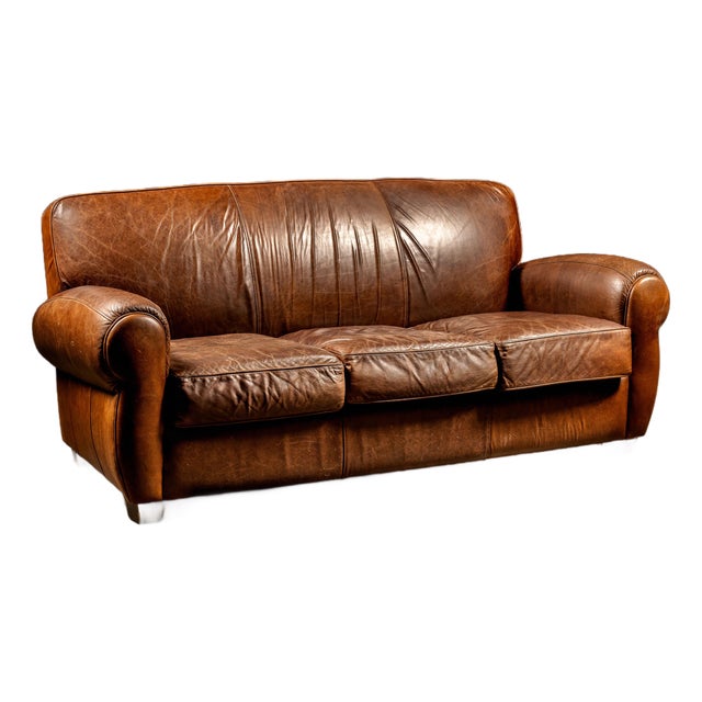 Vintage Leather Club Sofa in Brown For Sale