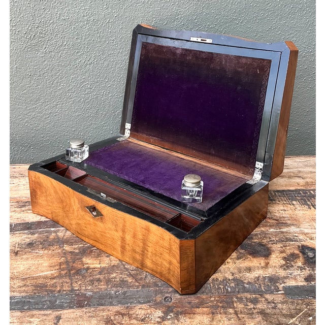 Vintage Wood Inlay Writing Desk With Inkwells For Sale - Image 13 of 14