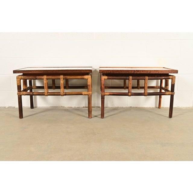 A gorgeous pair of mid-century Hollywood Regency Organic Modern side tables By John Wisner for Ficks Reed, "Far Horizons"...