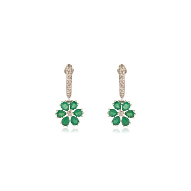 VRJewels 3.33Ct Emerald & Diamond Floral Drop Earrings in 18k Solid White Gold- 2 Pieces For Sale - Image 4 of 11