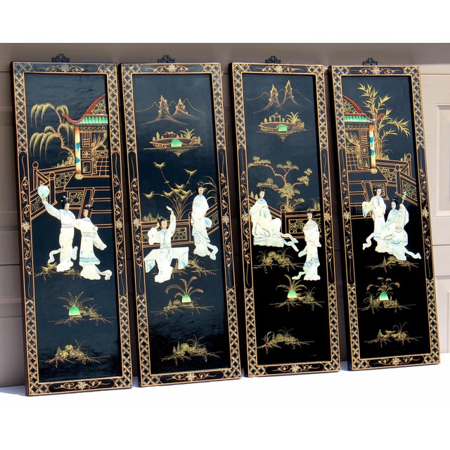 Black Vintage Chinese Black Lacquer Mother-of-Pearl Inlay Wall Panels - Set of 4 Chinoiserie Scenic Figures & Pagoda Landscape Art For Sale - Image 8 of 18