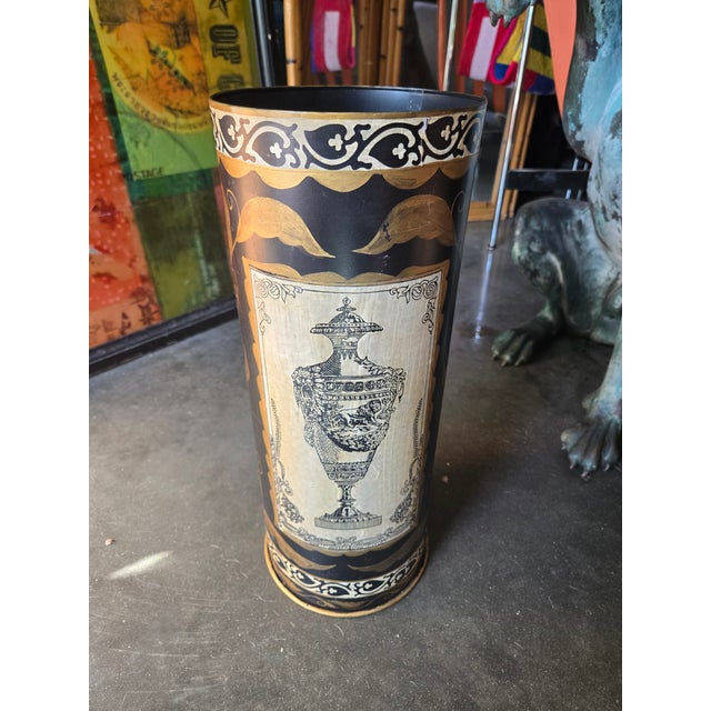 Mid Century Italian Black Tole Painted and Decoupage Umbrella Stand Manner of Fornasetti sold as found previously owned...