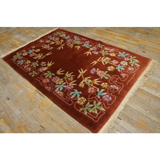 Contemporary 1930s Ruby Red Floral Antique Chinese Art Deco Carpet 4'4" X 6'6" Knotted Wool Rug For Sale - Image 3 of 12
