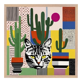 Cat and Cactus Post-Modern Still Life Framed Print by P. L. Bradbury For Sale