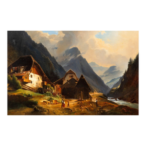 19th Century Antique Swiss Alpine Village Mountainscape Painting