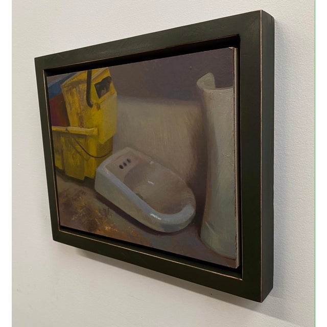 Contemporary Mop Room by Brad Davis | Oil Painting of a yellow mop bucket and a white sink For Sale - Image 3 of 3
