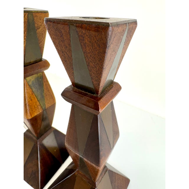 Brown 1960s Mid-Century Faceted Wood & Inlaid Metal Candlesticks, Geometric Modernist Form, a Pair For Sale - Image 8 of 9