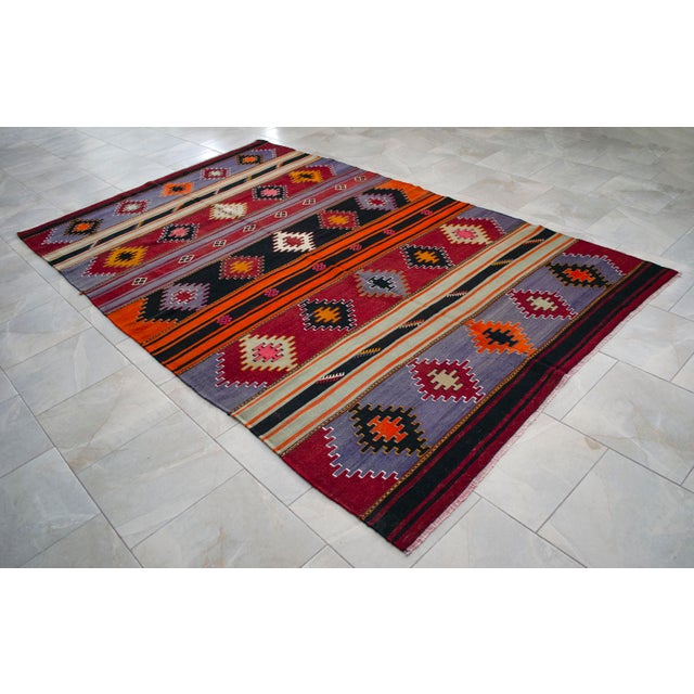1960s Vintage Hand-Woven Wool Turkish Rug Majestic Living Room Decor - 6′1″ X 10′3″ For Sale - Image 6 of 13