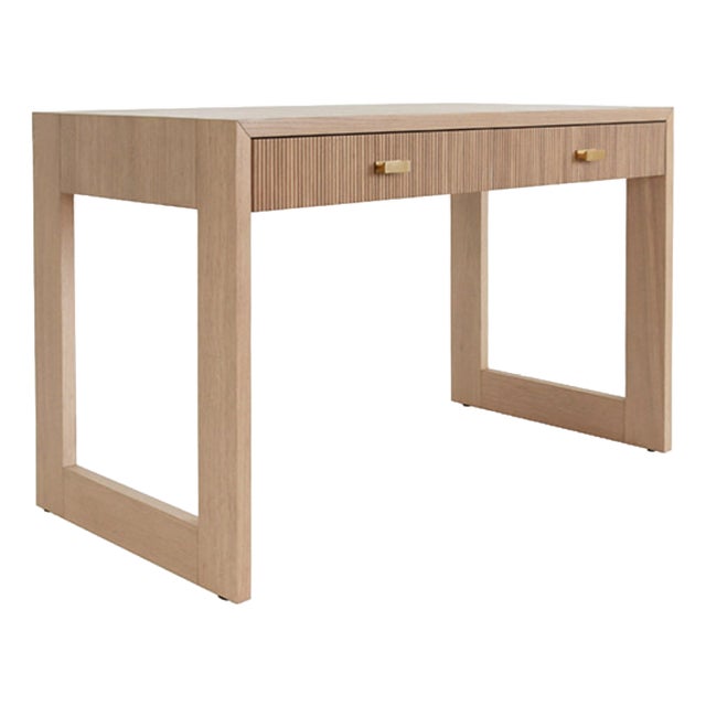 Matthew Izzo Home Larkin Fluted Natural Oak Two Drawer Desk With Satin Brass Draw Pulls For Sale