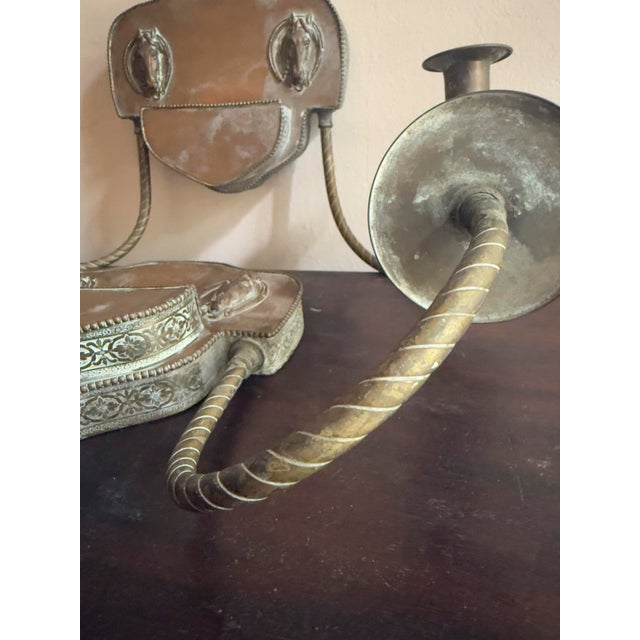 1970s Vintage Colonial Revival Brass Horse Head Double Arm Wall Sconces, Pair For Sale - Image 9 of 16