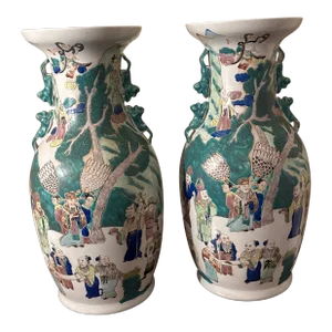 Mid 20th Century Large Hand Painted Asian Vases- a Pair