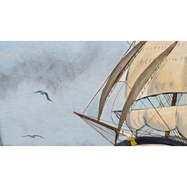 Textile Vintage Mid Century Ship Clipper Sailing Through Choppy Waves Signed m.c. Besler For Sale - Image 7 of 17